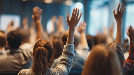 Group of young people sitting on conference together while raising their hands to ask a question. Business team meeting seminar training concept., no logos, no brands