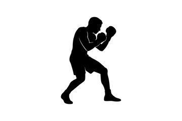 Obraz premium Silhouette of a Boxer in Fighting Stance Dynamic Vector Illustration for Sports Fitness and Martial Arts Designs on a Clean White Background