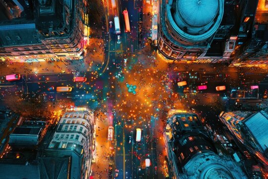 Vibrant night view of Oxford Street in Mayfair London showcasing bustling city life, Aerial view at night Oxford Street Mayfair London