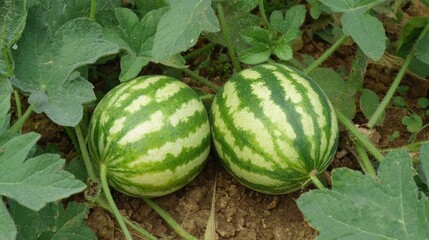 Two striped watermelons growing in the ground.