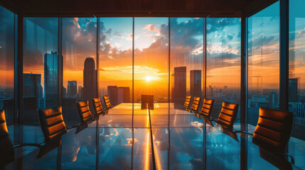 Plakat Conference room with a stunning city view at sunset, symbolizing success and modern business strategy.