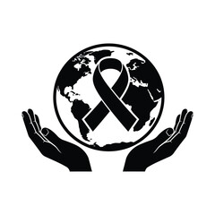 Hands holding a world with a ribbon, symbolizing global cancer awareness, isolated on white background