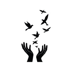 A pair of hands releasing a flock of birds into the sky, symbolizing freedom and hope, isolated on white background