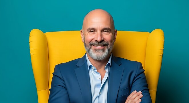 Smiling bald man with beard in blue suit sitting in yellow armchair