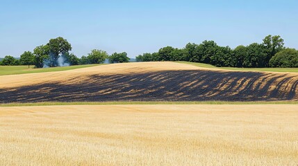 Burnt field in a rural landscape under a clear sky.