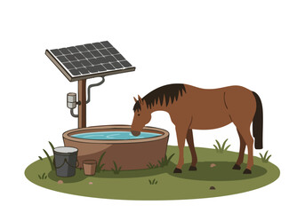 A horse drinks from a solar-powered farm water trough.  Clean, modern illustration depicting sustainable agriculture and animal care.  Bright, inviting scene.