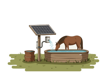 A horse drinks from a solar-powered trough in a rural setting. The image showcases sustainable agriculture and a tranquil countryside scene. Clean, bright, and inviting.