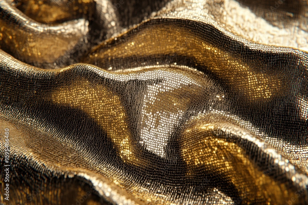 Poster gold sequin fabric curling and creating a wrinkled texture in warm light, gold sequin fabric curling