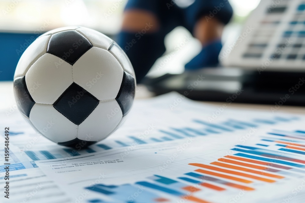 Poster soccer player balances skills and financial analysis with a ball over data charts, soccer player wit