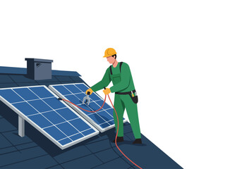 A skilled technician installs solar panels on a rooftop. Clear, bright image showcasing renewable energy expertise. Professional, modern, and visually appealing.