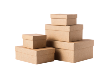 Stacked cardboard boxes for shipping warehouse product display indoor. Isolated on transparent background, png.