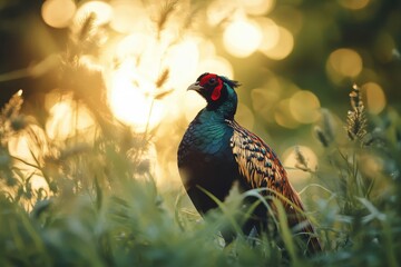 Male pheasant displaying vibrant colors in a sunlit wild habitat during evening hours, Male pheasant Phasianus colchicus in the wild
