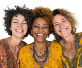 Celebrating friendship among women studio photography smiling. Isolated on transparent background, png.