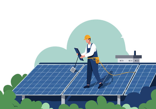 A solar panel technician works on a rooftop, monitoring progress with a tablet. Modern, bright, and professional. Ideal for sustainability and renewable energy visuals.