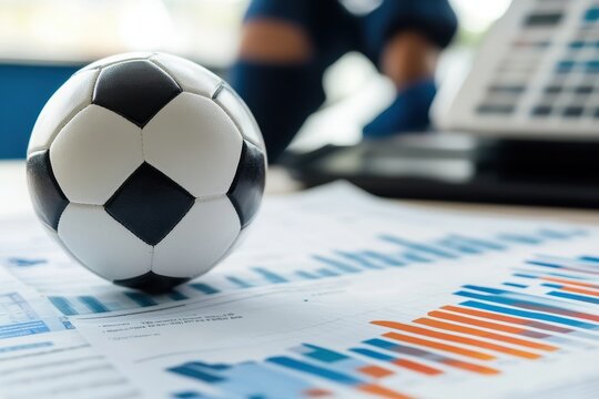 Soccer player balances skills and financial analysis with a ball over data charts, Soccer player with ball over financial data and graph
