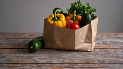 Paper bag filled with fresh vegetables including bell peppers, tomato, parsley, and avocado on rustic wooden table, symbolizing organic produce, cooking prep, and farm-to-table lifestyle