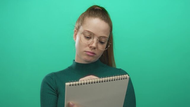 Young woman holds notepad against green studio wall scribbling with downward gaze and pursed lips; boredom.