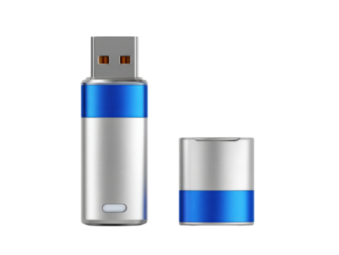 Usb flash drive and cap technology product studio setting close-up. Isolated on transparent background, png.