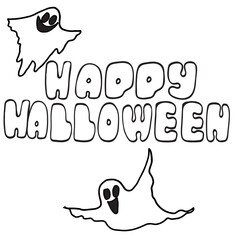 Happy Halloween Lettering with Cute Ghosts Fun Doodle Style