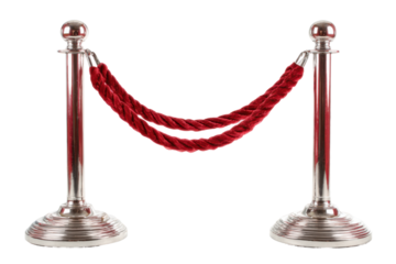 Elegant red rope barrier setup for events studio still life close-up. Isolated on transparent background, png.