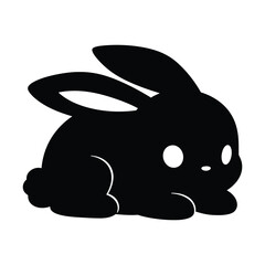 A charming black silhouette of a fluffy bunny, isolated on white background, showcasing its adorable features in a minimalist design