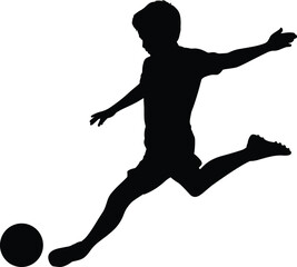Soccer player silhouette kicking ball with power, sports vector illustration of dynamic athletic movement for football, action, youth, stock design
