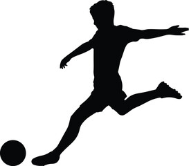 Soccer player silhouette in dynamic kicking motion, black vector illustration for sports action, athletic movement, football game, stock design content