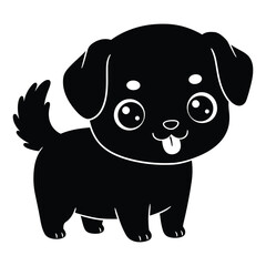 A charming black puppy silhouette, isolated on white background, with a cute tongue sticking out in a minimalist vector illustration