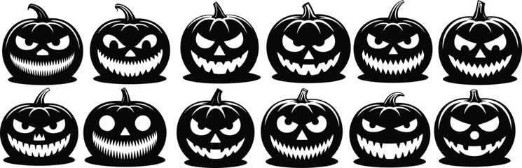 Spooky Halloween pumpkin faces, jack-o'-lantern silhouettes collection, scary carved expressions, black graphic design, holiday decoration icon, creepy art style