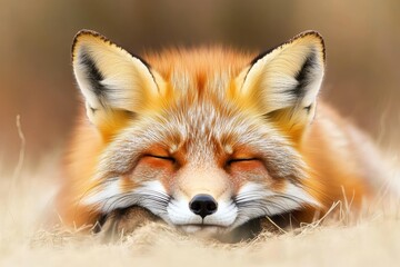 Red fox resting peacefully in its natural habitat during a serene afternoon, Red fox Vulpes vulpes Head red fox in the wild The fox is resting