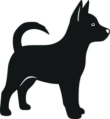 Standing black dog silhouette, curled tail vector illustration, pet animal graphic design, white background artwork, Adobe Stock image, cute dog