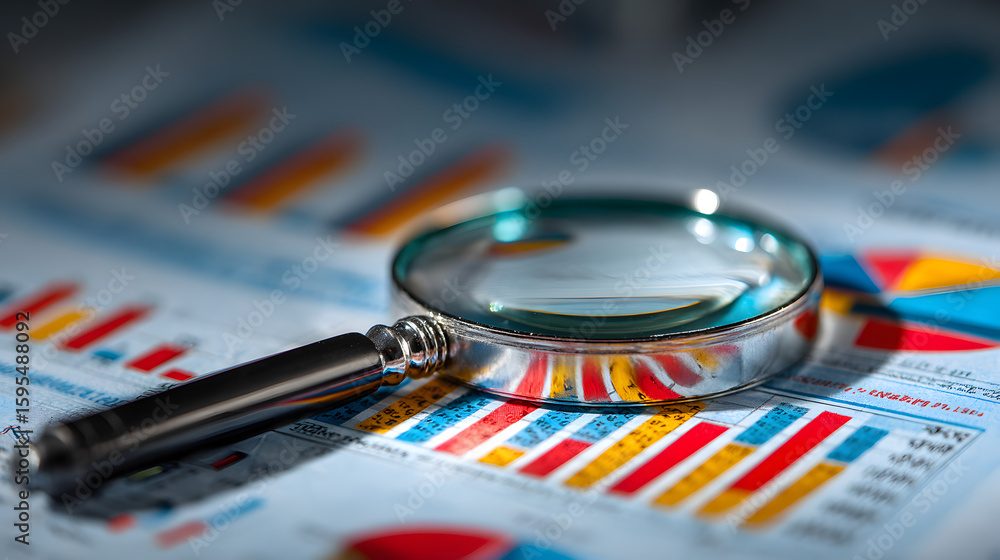 Poster printed business documents with colorful charts and graphs being analyzed through a magnifying glass