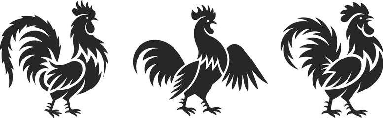 Stylized rooster silhouette collection, farm bird vector artwork, black graphic poultry icons, traditional animal design, countryside species illustration pack