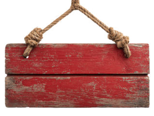 Rustic red wooden sign hanging studio image isolated close-up. Isolated on transparent background, png.