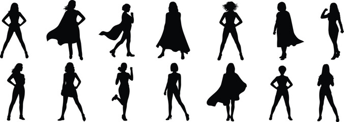 Superhero women silhouettes, female empowerment vector art, strong confident pose illustration, black graphic design, bold female figures, cape outline