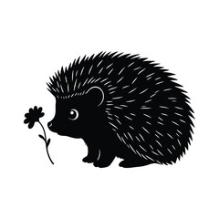 A charming hedgehog silhouette sniffs a delicate flower, isolated on white background, capturing the essence of woodland cuteness in minimalist design