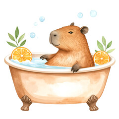 Capybara relaxing in bathtub with oranges and bubbles, transparent background