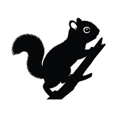 A cute squirrel is perched on a branch, isolated on white background, its bushy tail curled behind it, ready to leap