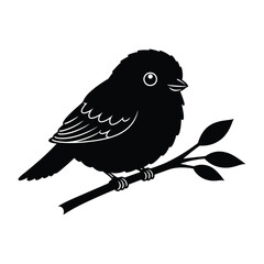 A cute bird is perched on a branch, isolated on white background, its feathers ruffled, singing a cheerful song