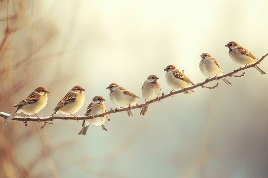 Flocking sparrows gather along a snowy branch in the winter afternoon sunlight, sparrows flock to the branch - Powered by Adobe