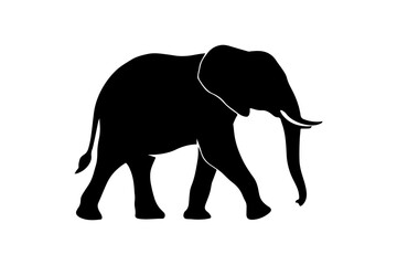 Fototapeta premium Elegant Walking Elephant Silhouette with Raised Trunk on White Background Perfect for Wildlife Conservation or African Themed Design Projects