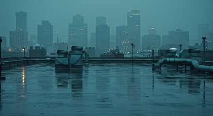 Fototapeta premium A rooftop view of a city skyline on a rainy night. Dark, misty, reflective