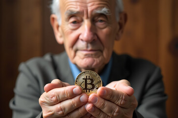 elderly man wrinkled hands cradle worn silver bitcoin coin set warm natural wood background soft diffused lighting