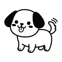 A delightful white puppy with black ears wags its tail cheerfully, isolated on white background