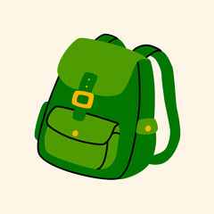 School backpack in flat vector style. Green and yellow color scheme with bold outline. Simple and playful design for kids materials, back to school visuals, education prints, and learning resources.

