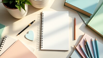 Flat Lay of Open Notebook and School Supplies on Wooden Desk