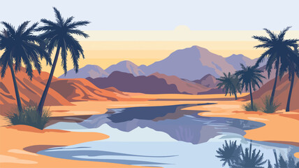 Beautiful Arid Landscape with Desert Oasis and Palm Trees
