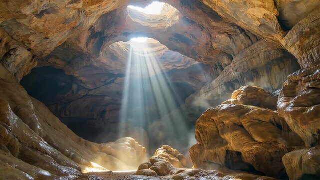 Dramatic sunbeams illuminate a breathtaking cavern interior through openings, creating an ethereal and inspiring natural landscape.