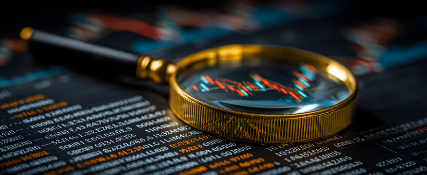 The magnifying glass highlighting financial data and market trends on paper.