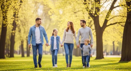 Obraz premium Two friendly couples with their son and daughter are walking together and holding hands on a sunny day in a beautiful spring park.